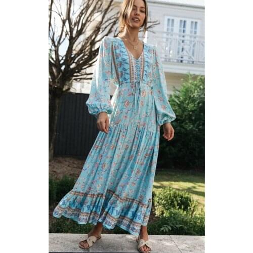 Happie Queens women flare sleeve purple Floral print beach Bohemian v-neck Maxi dress Ladies rayon Summer Boho dress