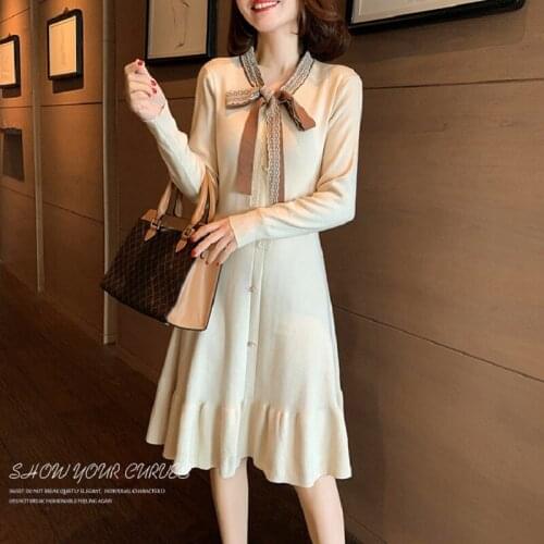 2021 Spring New Style Hepburn Fishtail Skirt Lace Bow Knitted Dress For Women