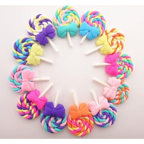 10pcs/lot 28*42MM Kawaii Soft Clay Rainbow Lollipop Cabochons Handmade Resin Material DIY Hair Bow Decorative 19011104
