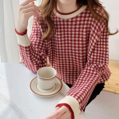 2020 Korean Classic Plaid Knitted Pullovers Tops Fashion Women Sweater Coat O-neck Long Sleeve Casual Jumper Weater