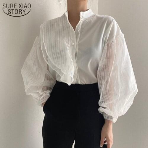 2021 Korean See Through Blouse Women Fashion Sexy Loose Mesh White Blouse Womens Shirt Puff Long Sleeve Elegant Clothes 11256