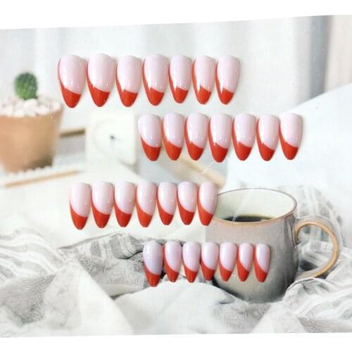 24pcs fake nails french Orange Nail Patch Glue Type Removable Long Paragraph Fashion Manicure False Nail Patch tips stiletto