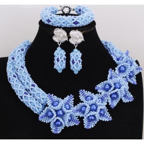 4UJewelry 18.8 Inches Blue African Wedding Necklace Set For Women Made in China Nigerian Beads Jewellery Set 2 Rows Multi Color