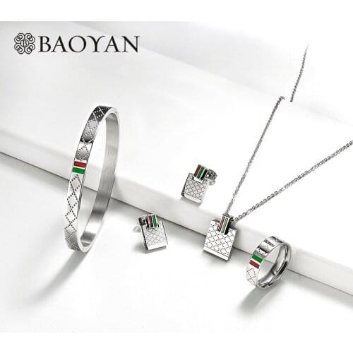 BAOYAN Green Red Square Pattern Necklace Earring Bangle Ring Dubai Jewelry Sets 4 Pieces Stainless Steel Jewelry sets For Women