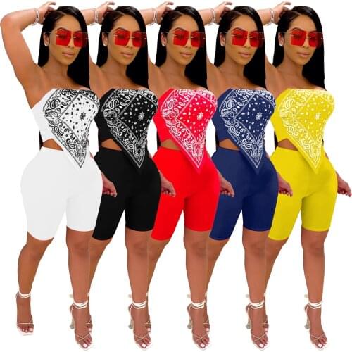 W8108 Hot Sale Neon Clothing Sexy Lady Mini Off Shoulder Crop Top Fancy Design Quick Dry Bandana and Shorts Two Piece Set