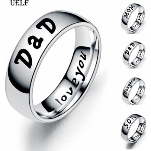 Uelf 6mm Stainless Steel Family Ring Letter Love Dad Mom Son Daughter Silver Rings Gift for Family Fashion Jewelry