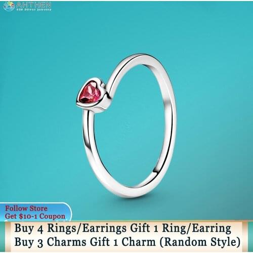 Ahthen 925 Sterling Silver Rings Red Tilted Heart Solitaire Ring Original 925 Women Rings Ngagement Rings Women Jewelry Gift