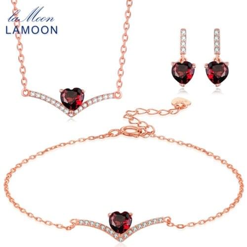 LAMOON 100% Natural Heart cut Red Garnet 925 Sterling Silver Jewelry S925 Jewelry Set V004-3