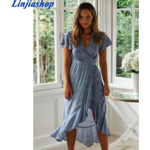 Summer Long Maxi Dress Women Casual Boho Floral Print Beach Dress Sexy V-Neck Ruffle Bodycon Wrap High Slit Party Dress