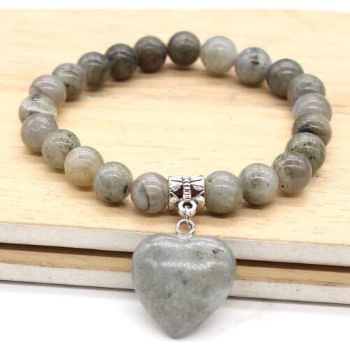 Kraft-beads Trendy Silver Plated Cute Heart Connect Round Beads Labradorite Stone Stretchy Bracelet