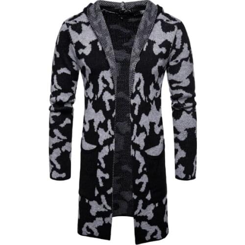 Mens Hooded Slim Fit Long Sweaters Wool Cardigan Autumn Winter Warm Thick Camouflage Knitted Cotton Casual Male Jacket