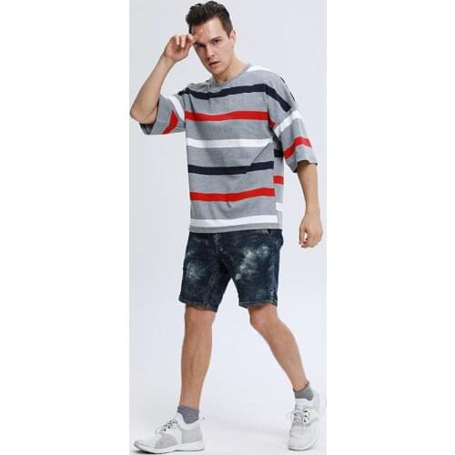 2021 New High Quality Striped Men T-shirt European Plus Size Casual T-shirt Summer Oversized Loose Gym Short-sleeve Tees Tops