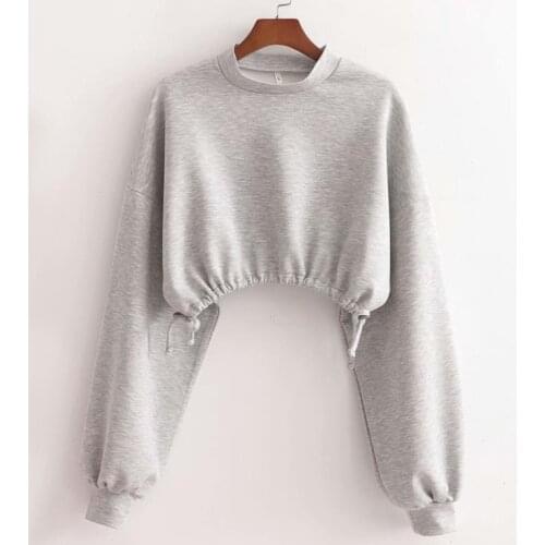 2021 New Woman Cropped Sweatshirts Gray Lantern Sleeve Pullovers Young Fashion Sweat-shirts Female Short Tops