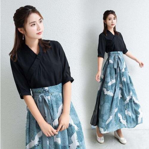 New Festival Hanfu Clothing Crane Printed Folk Dance Costume Top Skirt Set Traditional Chinese Clothing for Women Dress