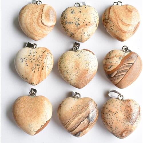 New Fashion hot selling natural picture stone heart shape pendants 30mm for jewelry making 9pcs/lot wholesale free shipping