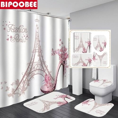 Pink High Heels Eiffel Tower Art Shower Curtain Bathroom Curtains Fashion Paris Non Slip Carpet Toilet Lid Cover Bath Mats Set