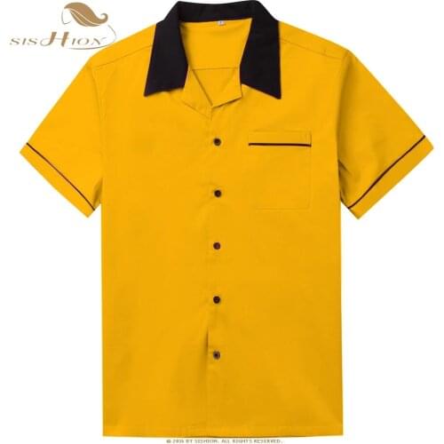 SISHION Bowling Shirt Short Sleeve Classic Retro Shirt ST117Y Yellow Red Cotton Mid-century Inspired Style Men Shirts