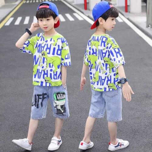 Dinosaur Kid Baby 2 Piece Sets Boys Short Sleeve Tee and Jeans Summer Spring Children Clothes Set