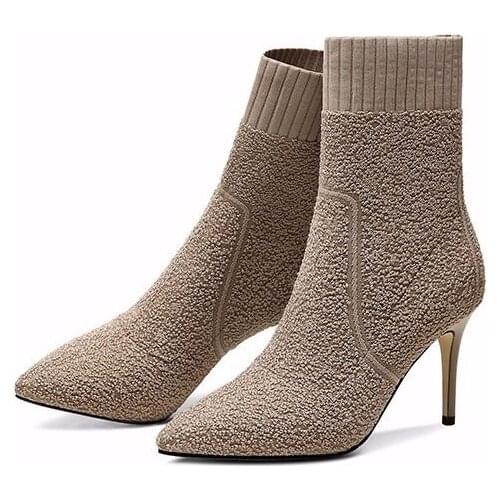 Beige Black 2021 Socks Boots Women 9cm Metal Heels Shoes Thin Fashion Pointed Toe Autumn Winter Ankle Stretch Fabric Shoes