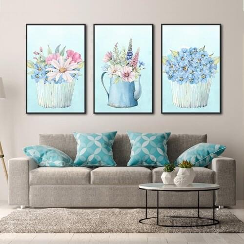 Modern Minimalist Blue Background Watercolor Plant Potted Flowers Poster Canvas Painting Nordic Wall Art Living Room Home Decor