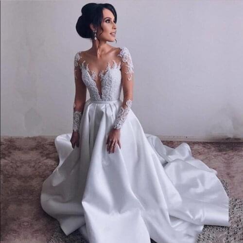 LORIE Princess Wedding Dresses Satin Long Sleeve Lace Bride Dresses Appliqued Vestidos de novia 2019