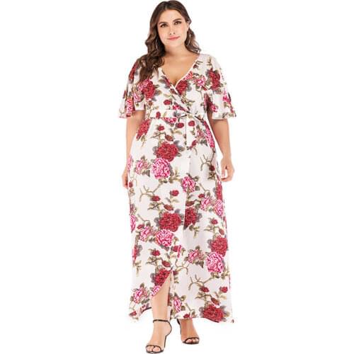 TUHAO 5XL 6XL Plus Size Womens Summer Dress Beach Style Floral Printed Kimono Drawstring V-neck Boho Sexy Dresses T1814