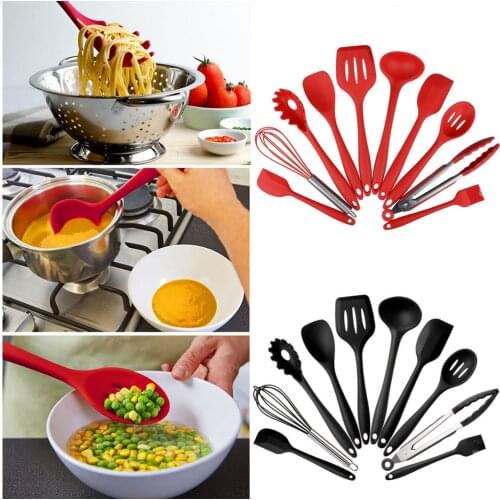 10pcs Silicone Kitchen Utensil Farberware Spoonula Spatula Spoons Turner Whisk Cooking Tools Red Black