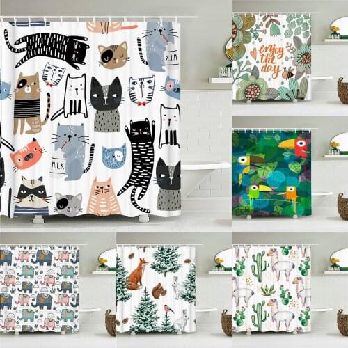 Funny Animal Bath Curtain Waterproof Fabric Shower Curtains Cat Elephant Alpaca Pattern Bathtub Screen for Bathroom Home Decor