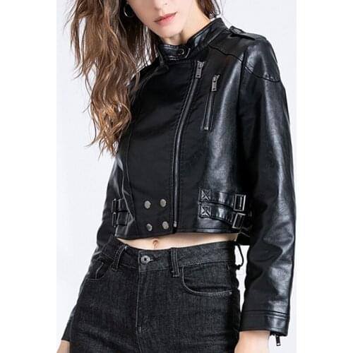 Ailegogo Spring Autumn Women Short Pu Leather Jacket Streetwear Moto Biker Female Sexy Ladies Slim Black Rivet Zipper Outerwear