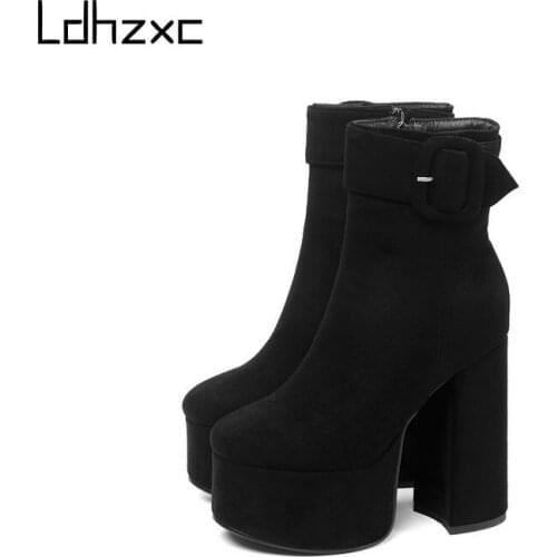LDHZXC Retro Suede Leather Women Warm Boots Autumn Winter Zipper Platform High Heels Pumps Office Lady Wedding Shoes Woman