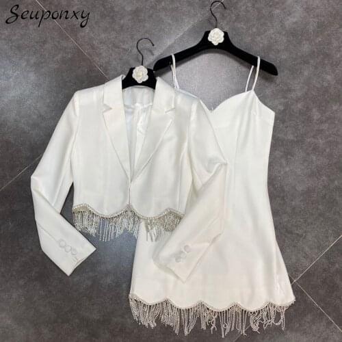 High Quality Autumn 2021 WomenS Diamond Tassel 2 Two-Piece Set Sexy Short Coat + Spaghetti Strap Dress Elegant Party Set
