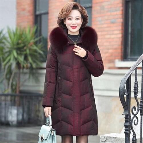 Winter Down Jacket Middle-aged Women Real Fur Collar White Duck Down Coat Mother Clothes Plus Size Stripe Print Outwear KW409