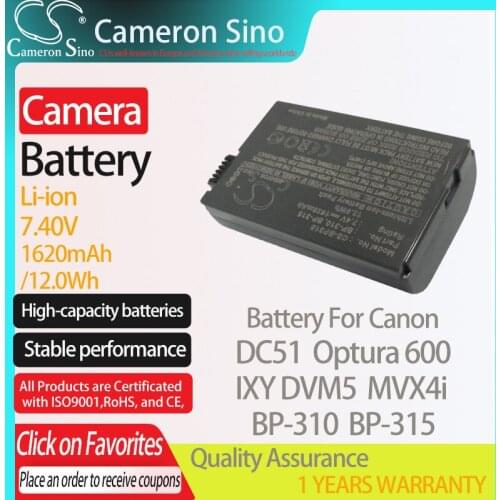 CameronSino Battery for Canon DC51 IXY DVM5 MVX4i Optura 600 fits Canon BP-310 BP-315 camera battery 1620mAh 7.40V Li-ion