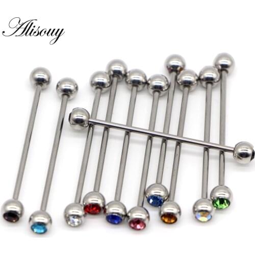 Alisouy 1pc Double Crystal ball long Straight Ear Industrial earrings Barbells ear bone ring tragus Piercing Jewelry tunnel ring