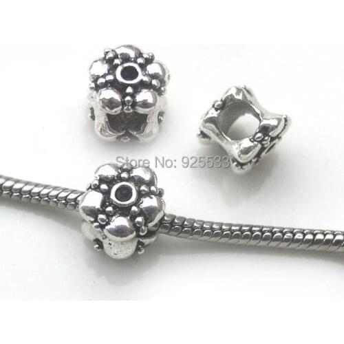 Free Shipping 50pcs 10x10x9mm antique silver plated color flower alloy new big hole beads fit European bracelet necklace DIY
