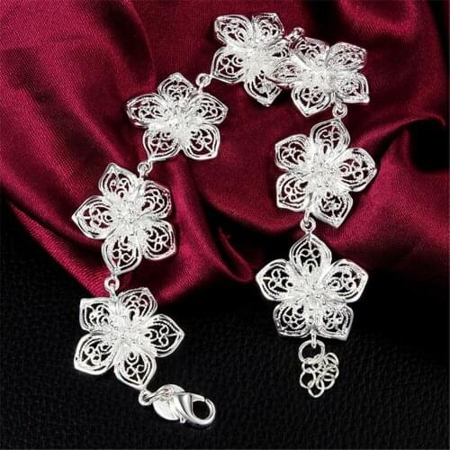 Free shipping 925 silver bracelet fashion jewelry pendant 7 carved flower bracelet hot popular S009