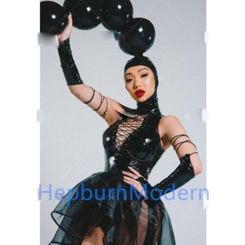 Nightclub bar Ds black patent leather sexy hollow gogo costume stage performance cloth women dancer wears