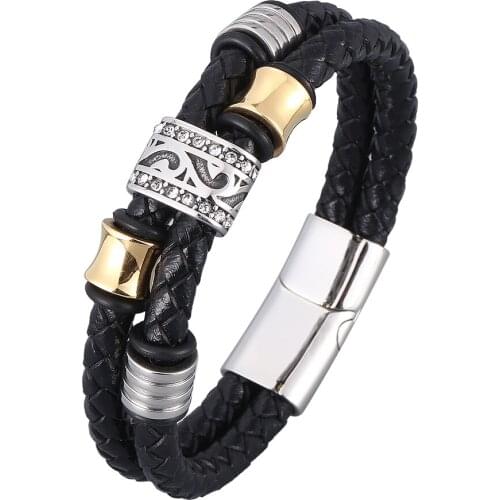 Double Layer Black Braided Leather Bracelet Men Stainless Steel Bead Male Wrist Band Fashion Jewelry Gifts
