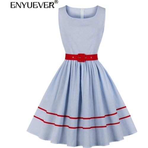 Enyuever Red Blue Striped Vintage Dress Women Summer Clothes Cotton Sleeveless Robe Pin Up Swing Retro Casual Dress With Pockets