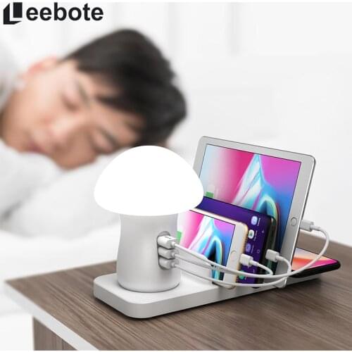 Mushroom Night Lamp 40W Quick Charge QC 3.0 USB Charger Dock Station and Fast Wireless Charger for iPhone for Samsung EU UK Plug