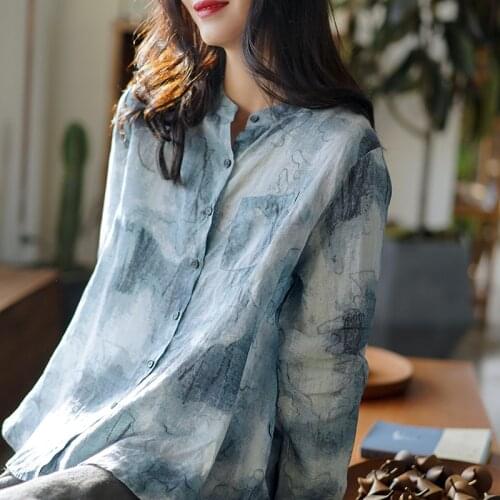 2021 spring new ramie womens cotton and linen shirt womens design sense niche loose stand-up collar shirt retro womens top
