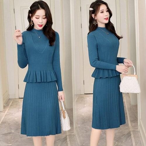 2021 Autumn Women Solid Knitting Skirts Dress Suit Female Ruffles Long Sleeves Wool Knitted Sweater Ladies Two Pieces Sets Q95