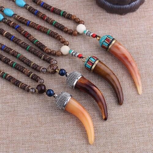 WEIYU Fashion Ethnic Animal Imitaional Ox Horn Pendant Necklace Bohemian Vintage Nepal Charm Jewelry Wood Beads Necklace