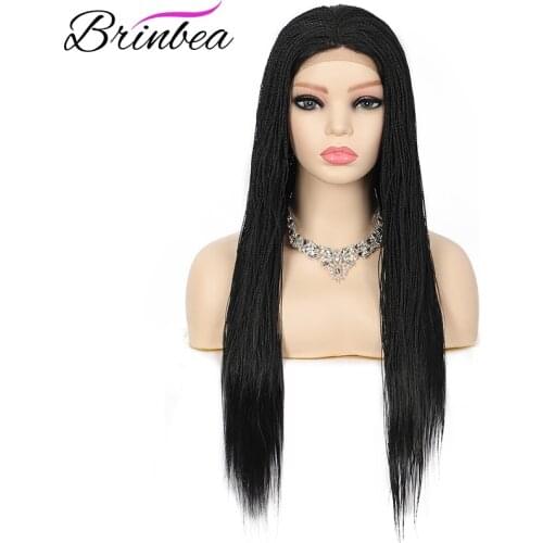 Brinbea 28 Inches 4X4 Lace Parting Hand Braided Wigs with Baby Hair Long Straight Hair For Black Women Synthetic Lace Front Wigs