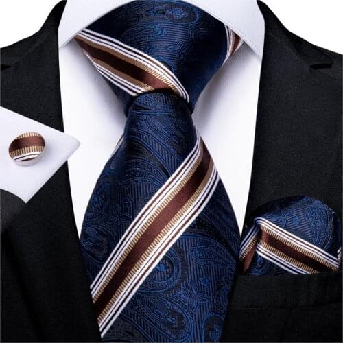Gift Men Tie Navy Blue Brown Striped Wedding Tie For Men Hanky Cufflinks Quality Tie Set DiBanGu New Designer Business MJ-7321