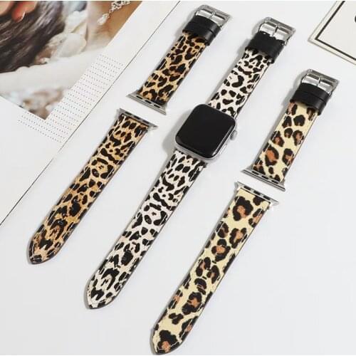 Leopard Genuine Leather Watch Band for Apple Watch 44mm 42mm 40mm 38mm Bracelet for Iwatch Series 6 SE 5 4 3 2 1 Watch Strap
