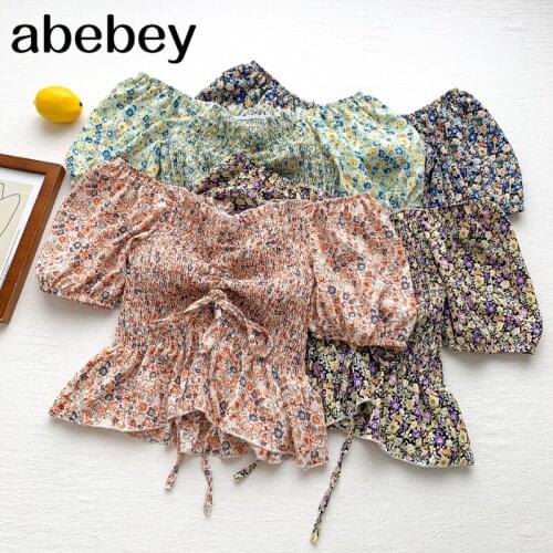 2021 New Summer Fashion All-match off shoulder V-neck shirt ruched drawstring floral Ruffle Shirt Top