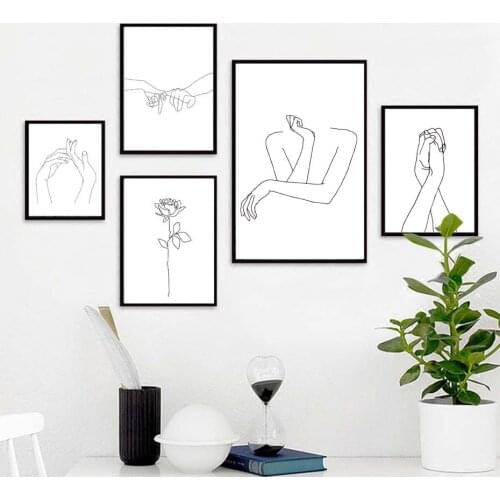 Nordic Canvas Paintings Abstract Human Figure Lines Finger Gesture Rose Simple Drawing Living Room Sofa Back Wall Decoration
