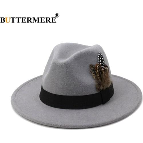 BUTTERMERE Women Men Wool VintageTrilby Felt Fedora Hat with Feather Wide Brim Gentleman Elegant Lady Winter Autumn Jazz Caps