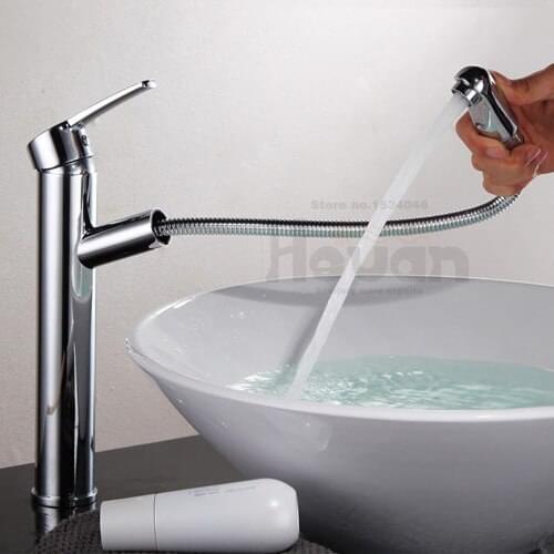 High bright polished bathroom countertop basin pull out faucet high quality brass bathroom water mixer